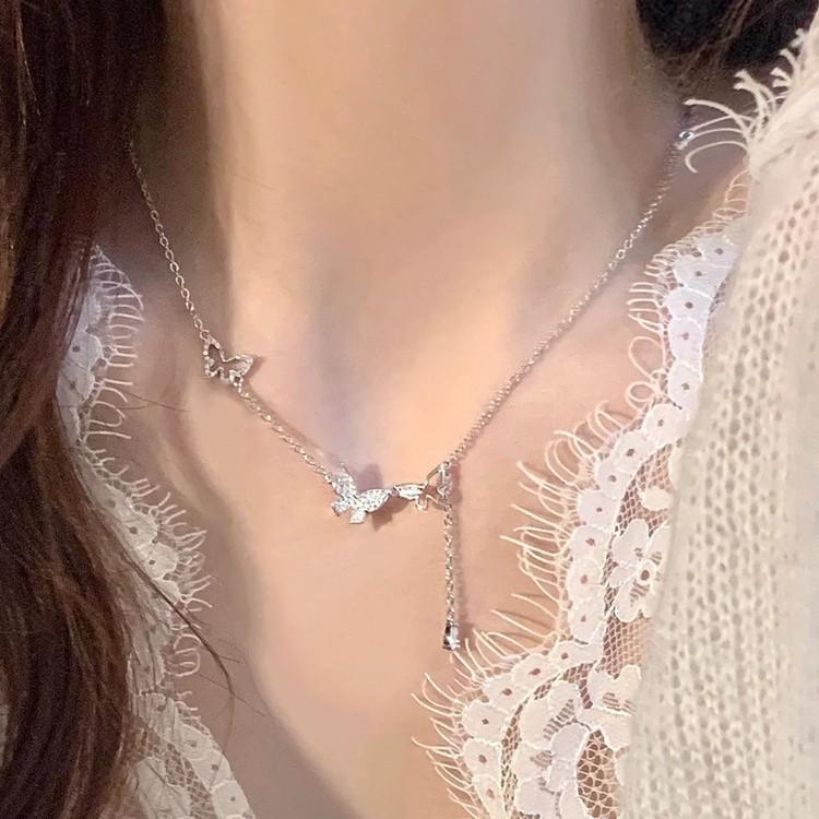 S925 Sterling Silver Diamond Butterfly Tassel Necklace Women's Cold Wind Fashionable Luxury Niche Collarbone Chain Accessories