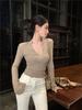 Women's Slim Fit V-Neck Knit Top - Long Sleeve, Elastic Base Layer for Autumn/Winter