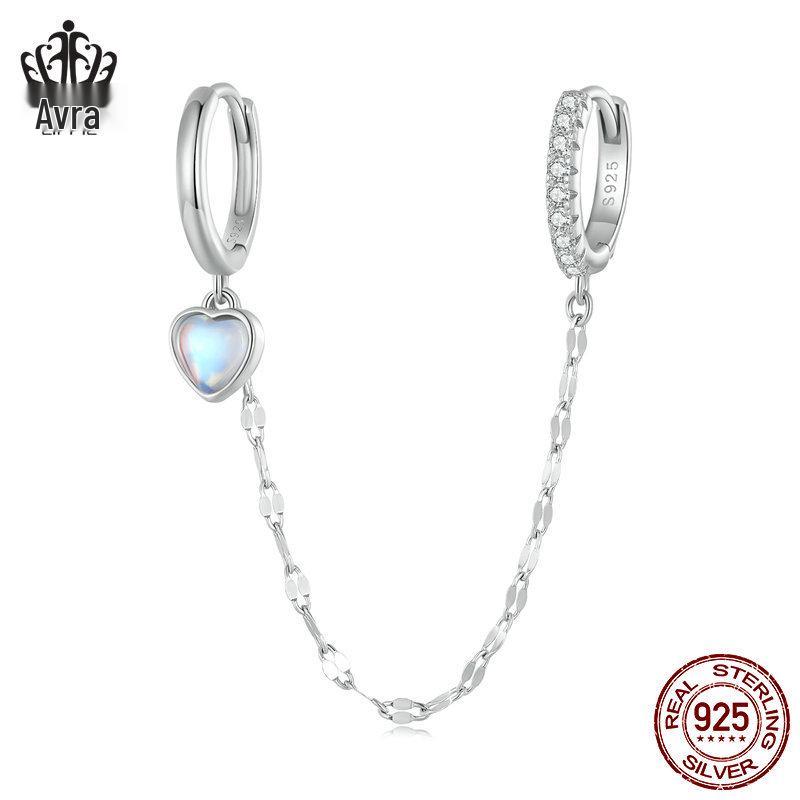 Avle Sterling Silver S925 Heart-Shaped Moonstone Chain Double Ear Cuff Earrings BSE809