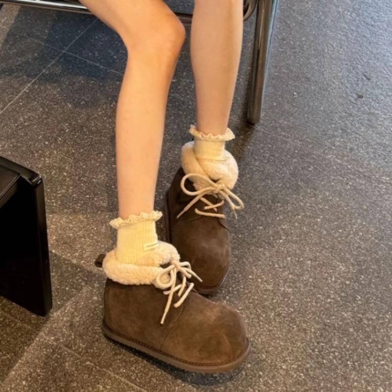 Big Head Snow Boots Winter New Round Toe Suede Lace-up Soft Sole Non-slip Warm Cotton Shoes