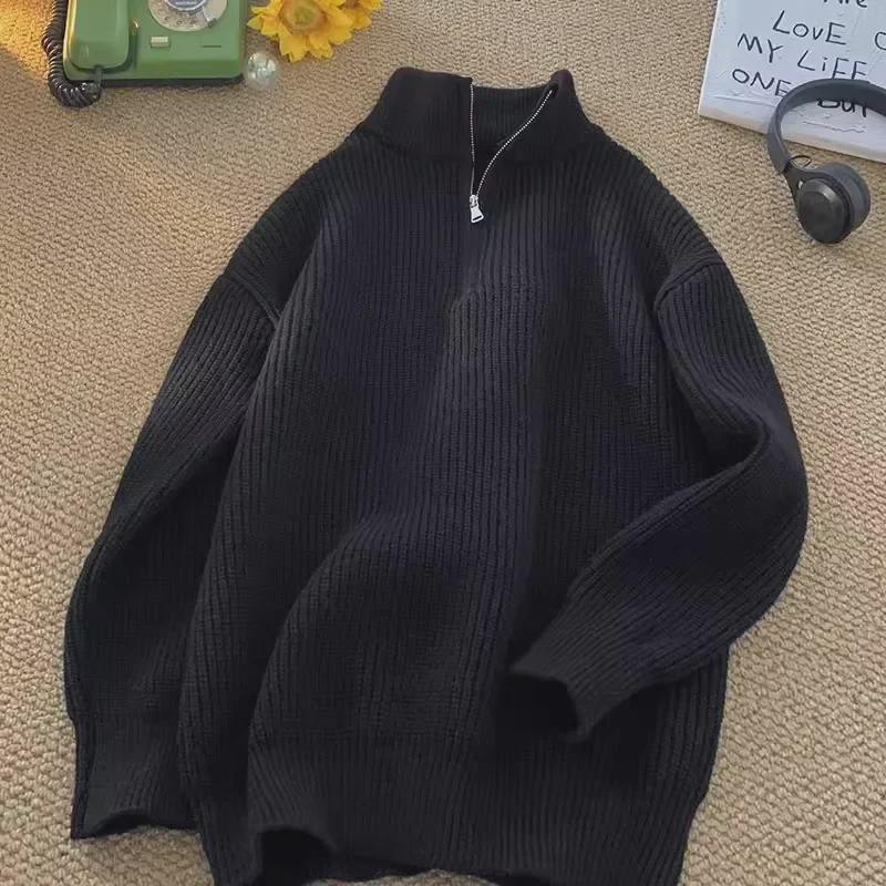Trendy Men's Half Turtleneck Knitted Sweater: Loose, Solid Color, Casual, Autumn/Winter Style