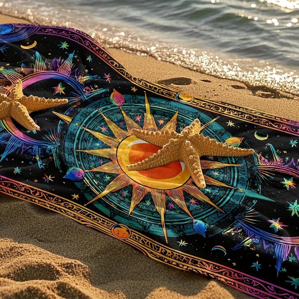 1pc Bohemian Sun, Moon & Starry Night Beach Towel - Ultra-Soft Microfiber Quick-Dry Large Rectangular Bath Towel with Vibrant