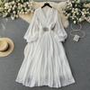 Elegant V-Neck Chiffon Dress with Waist-Cinching A-Line and Pleated Design