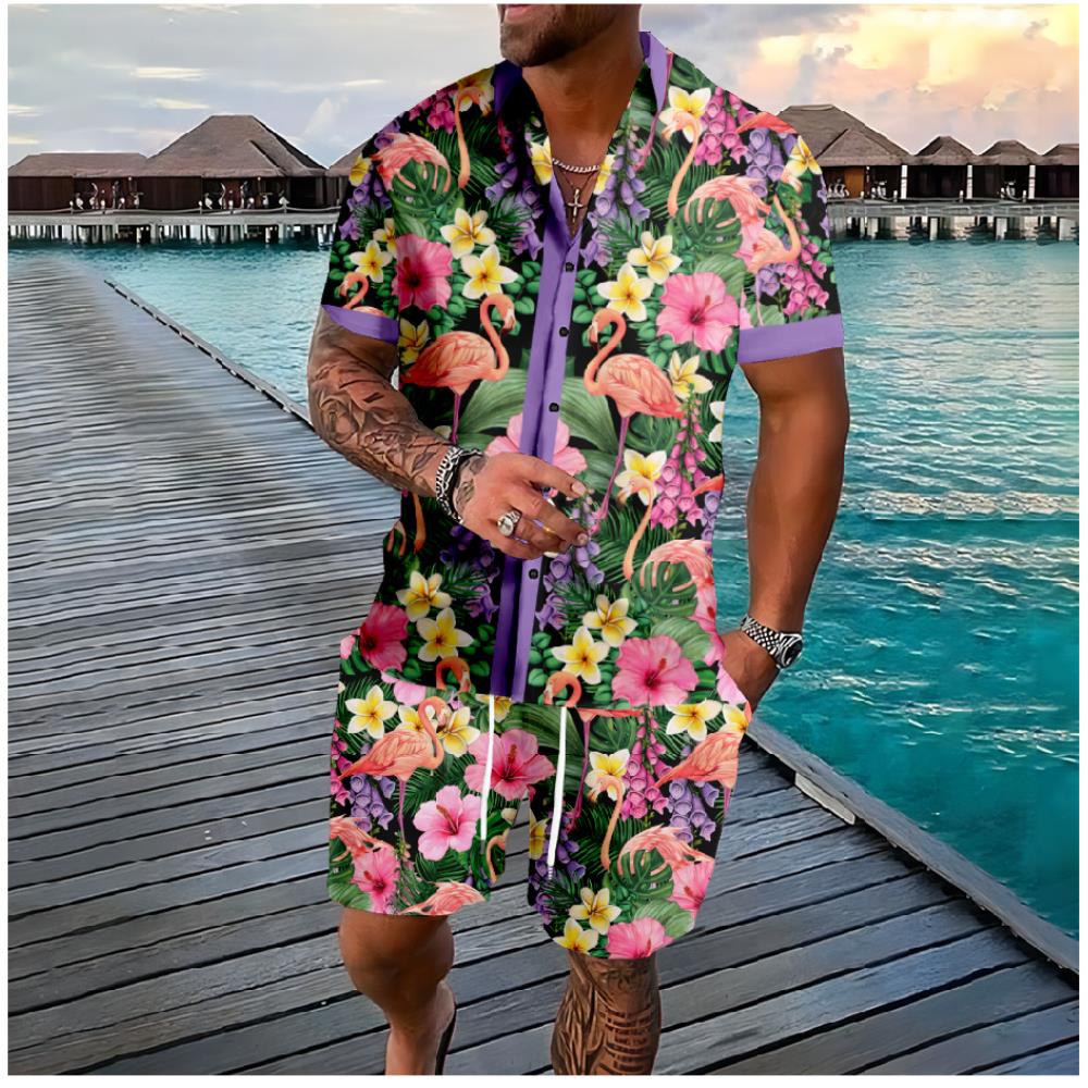 Fashionable Summer Floral 3D Print Men's Set: Short-Sleeve Shirt and Loose Casual Beach Shorts