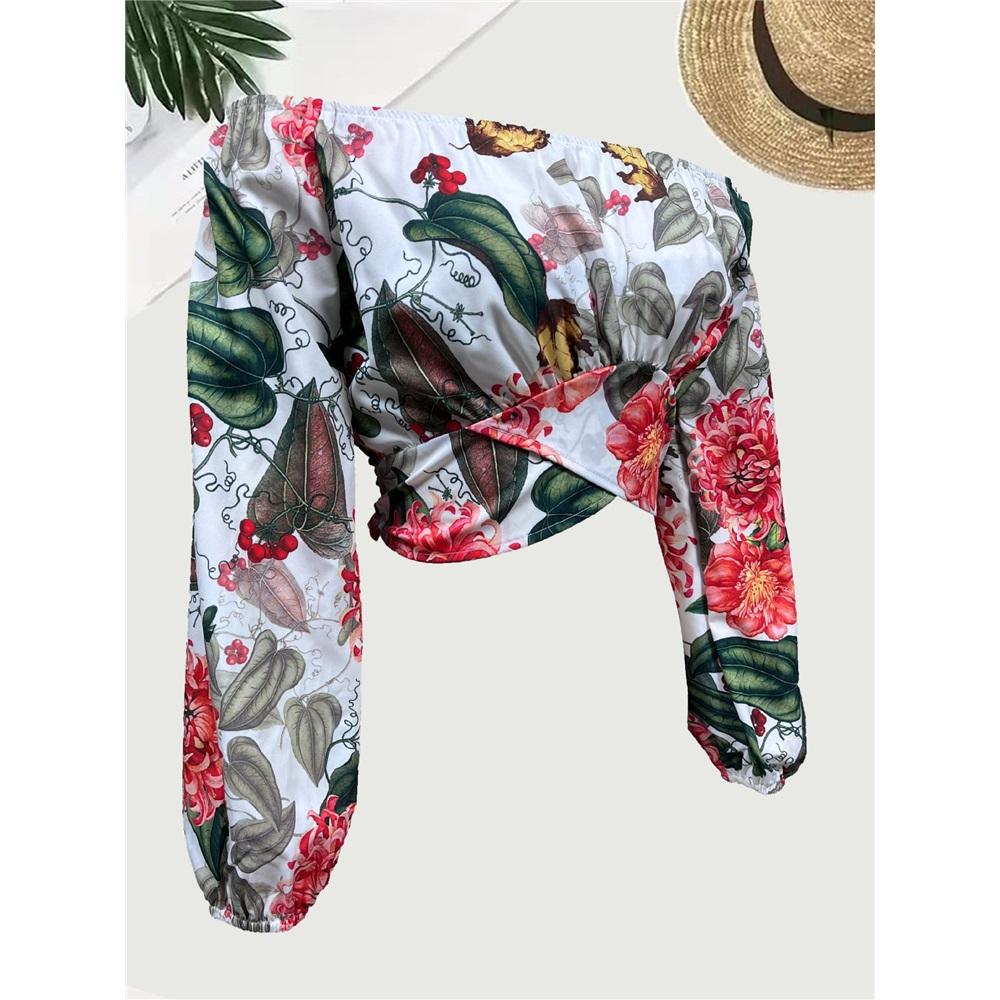 Women's long sleeves off-shoulder one-length neck lantern sleeve printed shirt