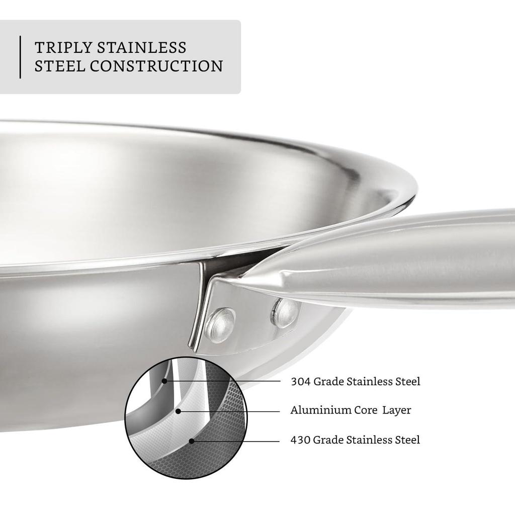 Triply Stainless Steel 2 Piece Cookware Set (Kadhai/Wok with Lid-24 Cm, Fry Pan-24 Cm) Induction and Gas Stove Compatible