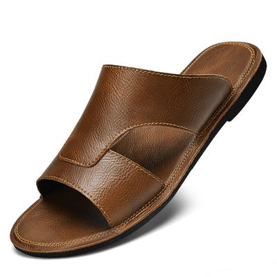 Summer Brown Retro Men Slippers Leather Slippers Men Beach Shoes High Quality Size 38-46 Slip On Flats Male Light Mens Sandals