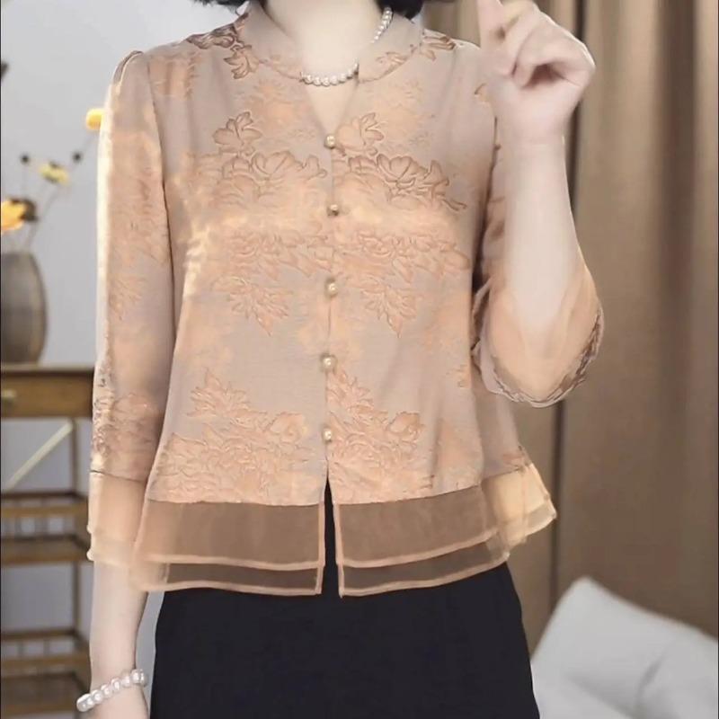 

Pearlescent Women s Elegant Jacquard Mesh Hem Blouse Button-Up Long Sleeve Casual Top XL