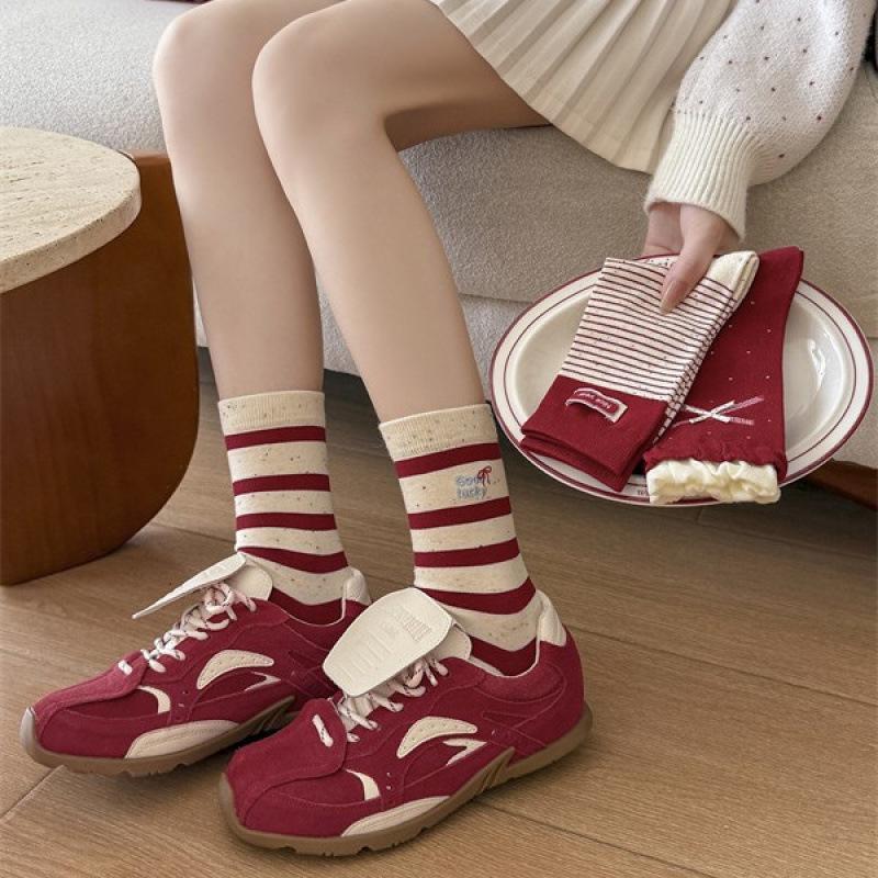 Red Socks, Women's Socks, Bow, Striped Mid-calf Socks, Big Red Socks, New Year Socks, Boneless Combed Cotton Socks
