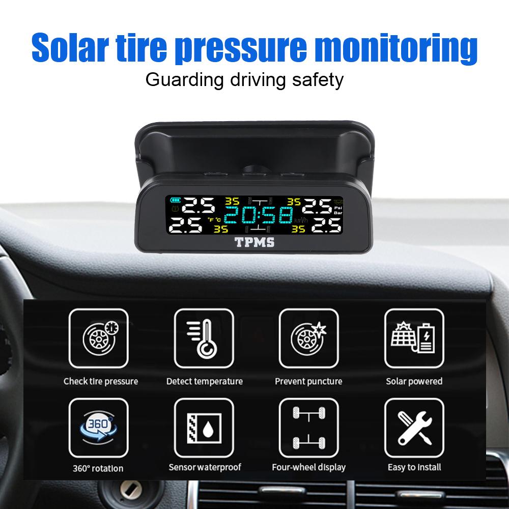 0-3.5Bar Digital Clock Car Tire Pressure Monitoring System Solar USB TPMS Rotating Holder T12 Temperature Warning Fuel Save