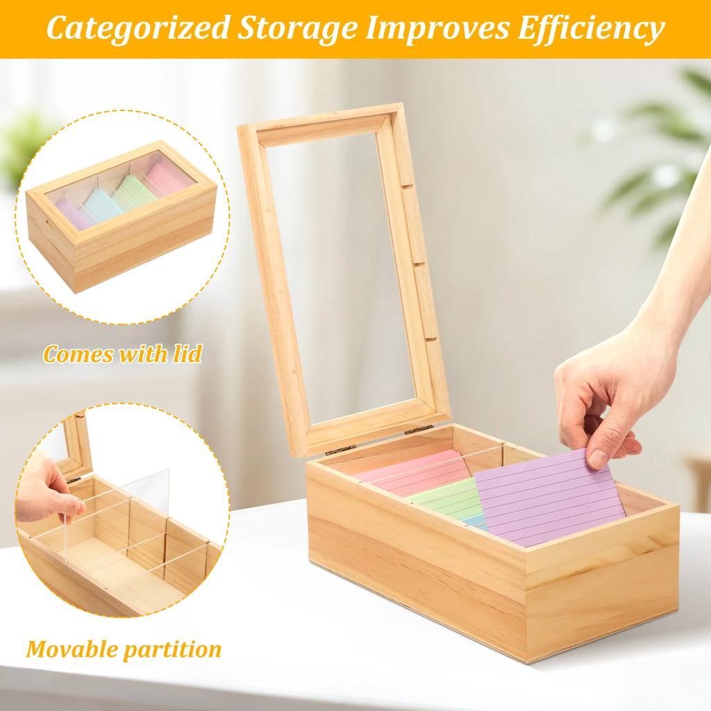 4/5 Slot Index Card Holder Set Wooden Desktop Storage Box with Lid Adjustable Divider File Note Holder Home Recipe Box Organizer