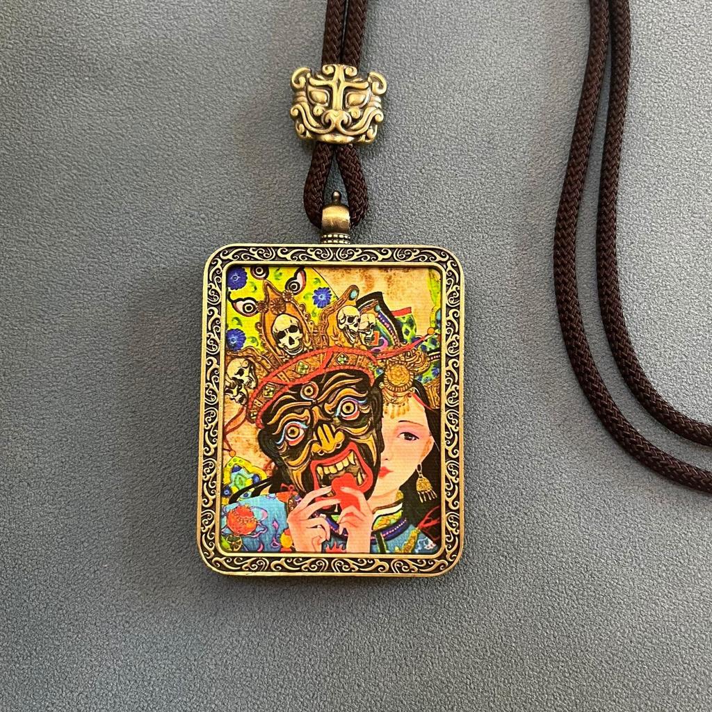 Thangka Pendant Necklace - Yellow & Black Guardian Buddha Amulet