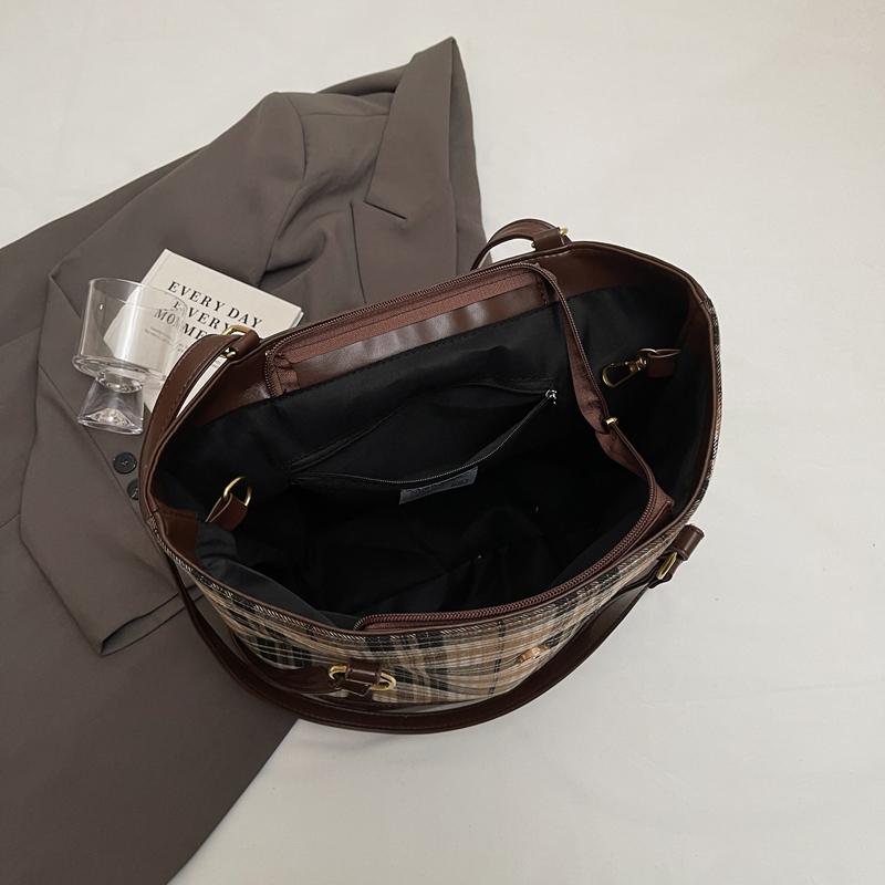 Karierte Umhängetasche mit großer Kapazität für Damen im Vintage-Stil, Einkaufstasche, Rucksack