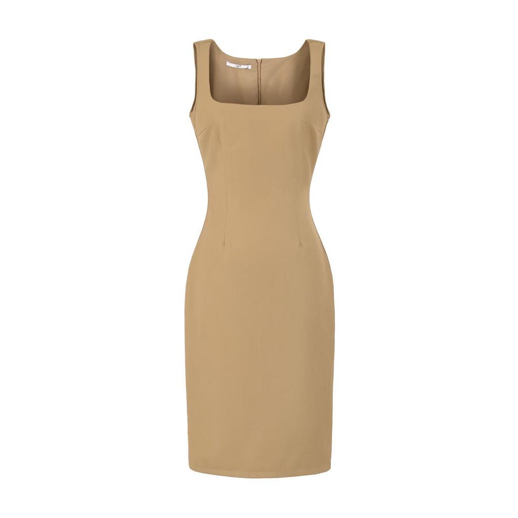 YPFF Trendy Women's Sleeveless Square Neck Slim Fit Dress Suit with Back Slit Skirt