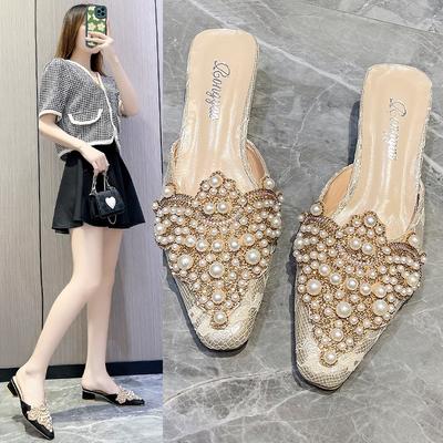 Luxury Pearl Ornaments Mules Slides Woman Elegant Point Toe Lace Sandals Ladies Chic String Bead Evening Party Flat Dress Shoes