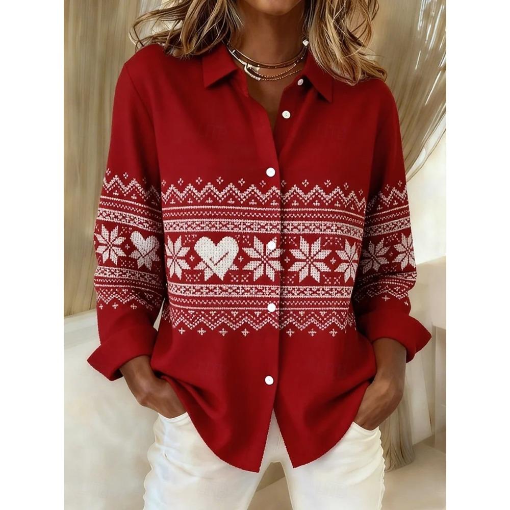 Christmas Women's Shirt Graphic Plaid Snowflake Elegant Vintage Tropical Long Sleeve Shirt Collar Regular Tops Daily Holiday