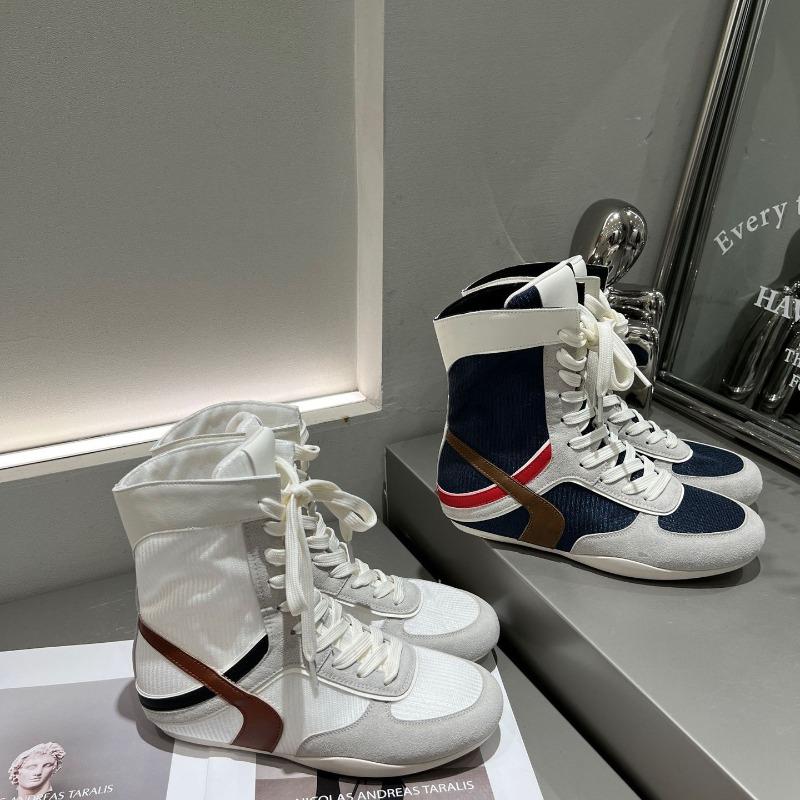 Miu Series Inner Height Increase Casual Leather Boxing Boots Women's Light and Comfortable Breathable Sports Wind Color Matching High Top