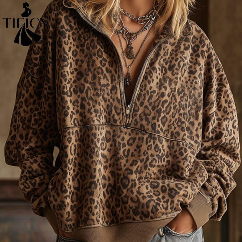 TIFICY Women's Fashion Casual Leopard Print Spring Fall Long Sleeve POLO Neck Pullovers & Long Sleeves