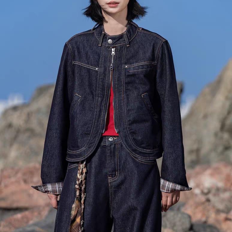 Nomadic 1 Series: Keiko Saotome Japanese Retro Plaid Patchwork Cropped Denim Jacket
