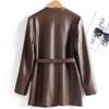 Womens V-Neck Mid-Length Leather Blazer Coat With Waist Tie Slim Fit Jacket Fashion