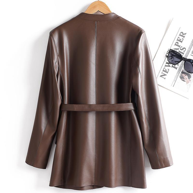 Womens V-Neck Mid-Length Leather Blazer Coat With Waist Tie Slim Fit Jacket Fashion