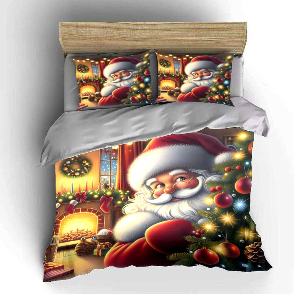 Festive Santa Christmas Scene Bedding Duvet Cover Set Duvet Cover Pillowcases  (1*Duvet Cover 2*Pillowcases, Without Duvet Insert)