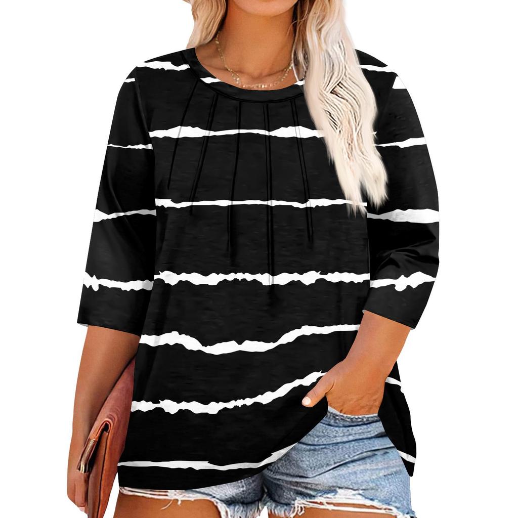 Women's Solid Color Round Neck Plus Size Tops 3/4 Sleeves Elegant Shirt Tops