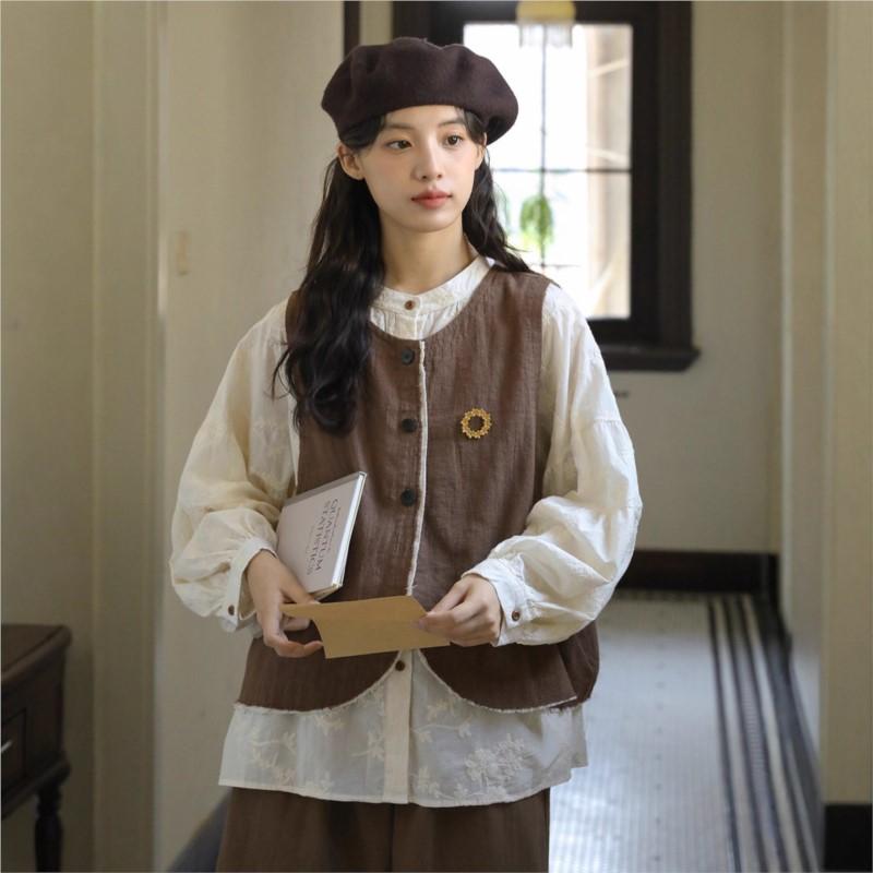 Johnature Forest Style Embroidered Shirt For Women Spring French Retro Casual Women Tops