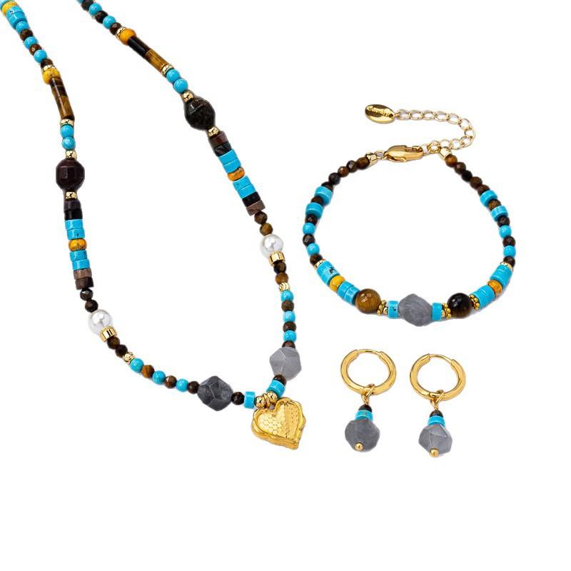 Retro new Chinese turquoise earrings, bracelet, love necklace, women's light luxury niche high-end jewelry set