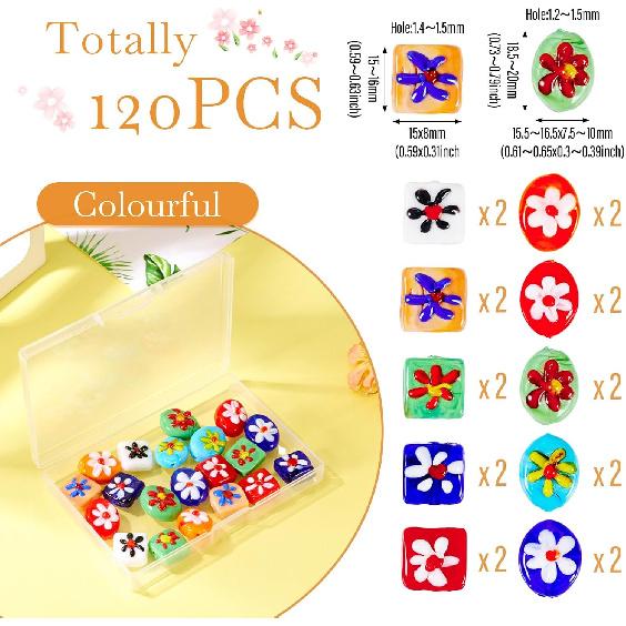 20 Stück Oval Quadratisch Blumenmuster Handgefertigt Lampwork Perlen Bunt Millefiori Lampwork Glasperlen Niedlich Floral Flach Oval Würfel Abstandsperlen für DIY
