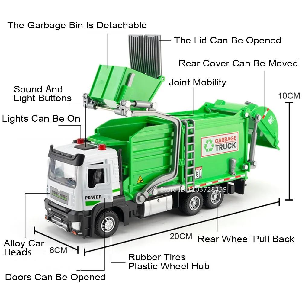 1:32 Toy Garbage Classification Sanitation Truck Models Alloy Diecast Flatbed Trucks Sound Light Doors Opened Pull Back Kid Gift