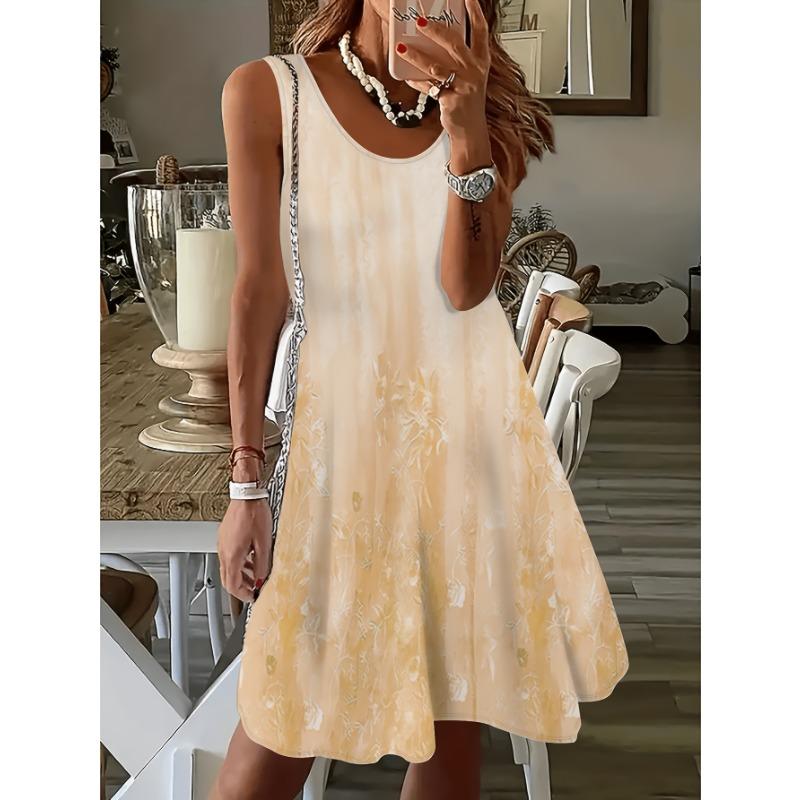 [Printed Design – Not Textured] Plus size women’s fashionable, fresh and elegant gradient plant print sleeveless casual spring and summer sundress