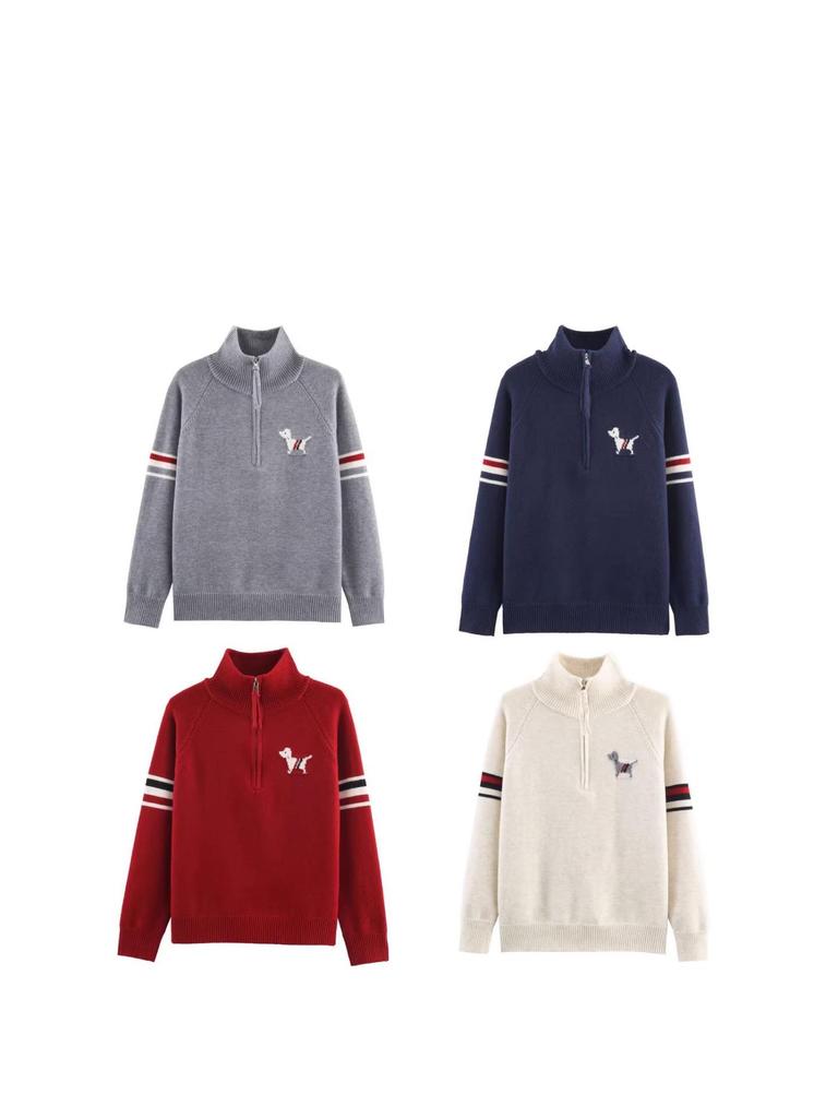 2026 Spring Women's Stand Collar Jacquard Little Dog Half-Zip Jacket - British Style