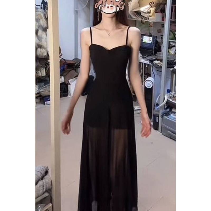 Black Knit Dress For Women With Lace Mesh Detailing And Slim Fit For Spring Fashion