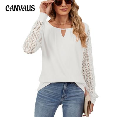Spring and Autumn Women's Blouse Solid Colour Lace Splicing Loose Long Sleeve Top