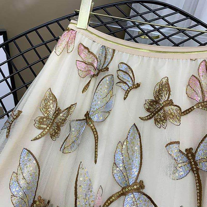   Women Summer Sequin Embroidered Mesh Skirt Loose Thin Casual Double Layer Skirt