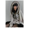 American Retro Hoodie Women Gothic Simple Print Rabbit Ears Zipper Hooded Fur Collar Sweatshirt Fashionable Harajuku Jacket Tops