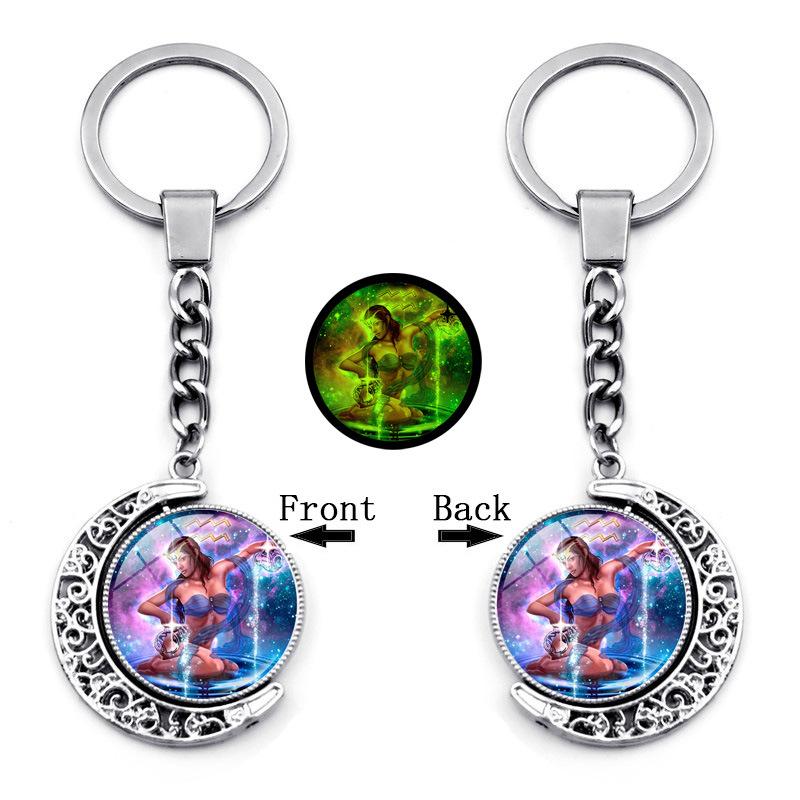Luminous Twelve Constellations Time Gemstone Keychain Pendant Rotating Moon Pendant Metal Keychain Hanging Gift