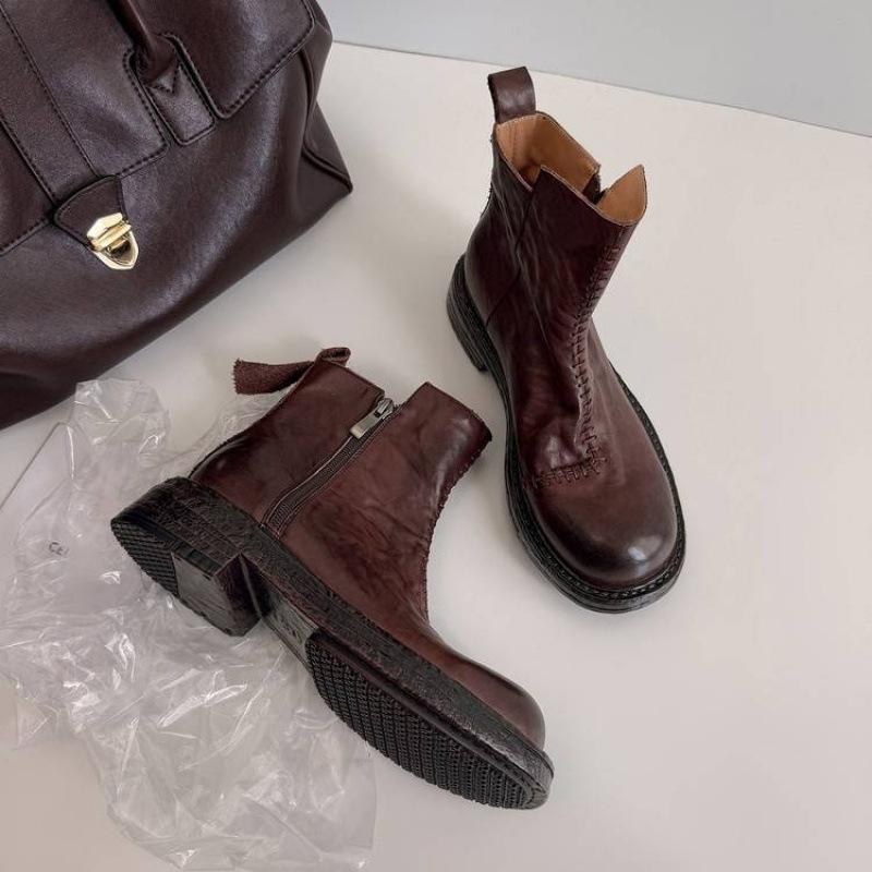 New women's leather Martin boots solid color medium heel rubber thick sole round head versatile comfortable zipper cowhide mid-tube boots