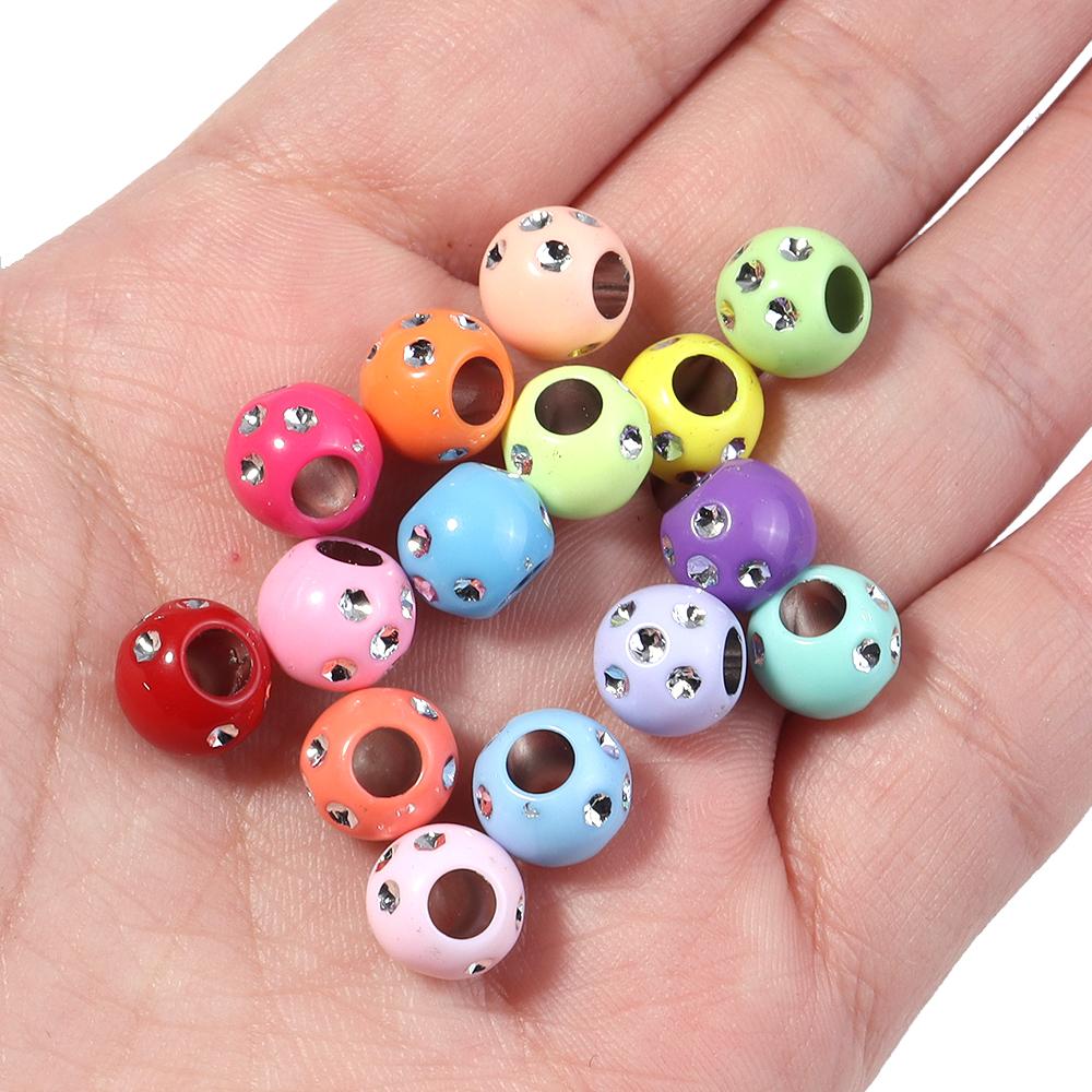 100pcs 9mm Rhinestone Acrylic Beads Shiny Mixed Color Big Hole Round Loose Beads For Jewelry Making DIY Bracelets Headwear Decor