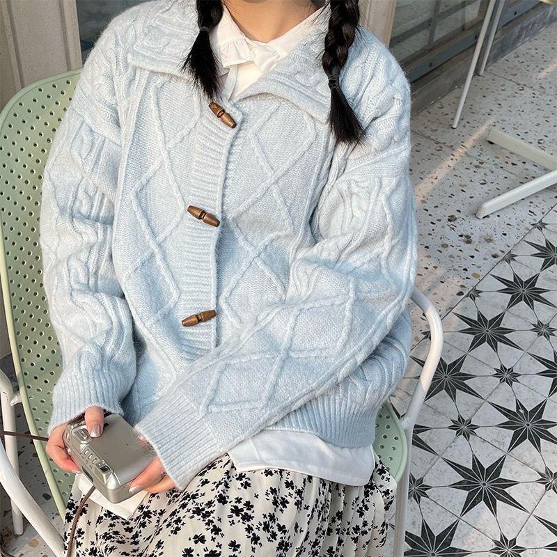 

Autumn and winter twist blue horn button sweater gentle literary retro knitted lapel sweater jacket college style 48-303 (average size) синій