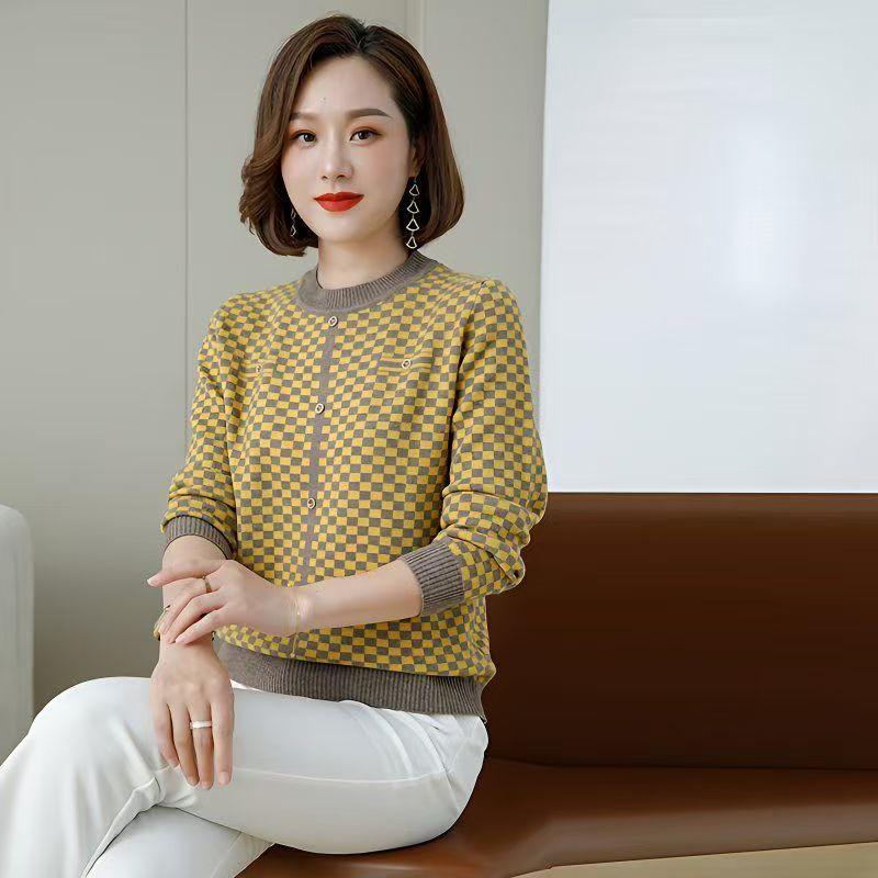 Autumn and Winter Fashionable Long-sleeved Plaid Contrast Button Cardigan Sweater Loose Bottoming Sweater Top