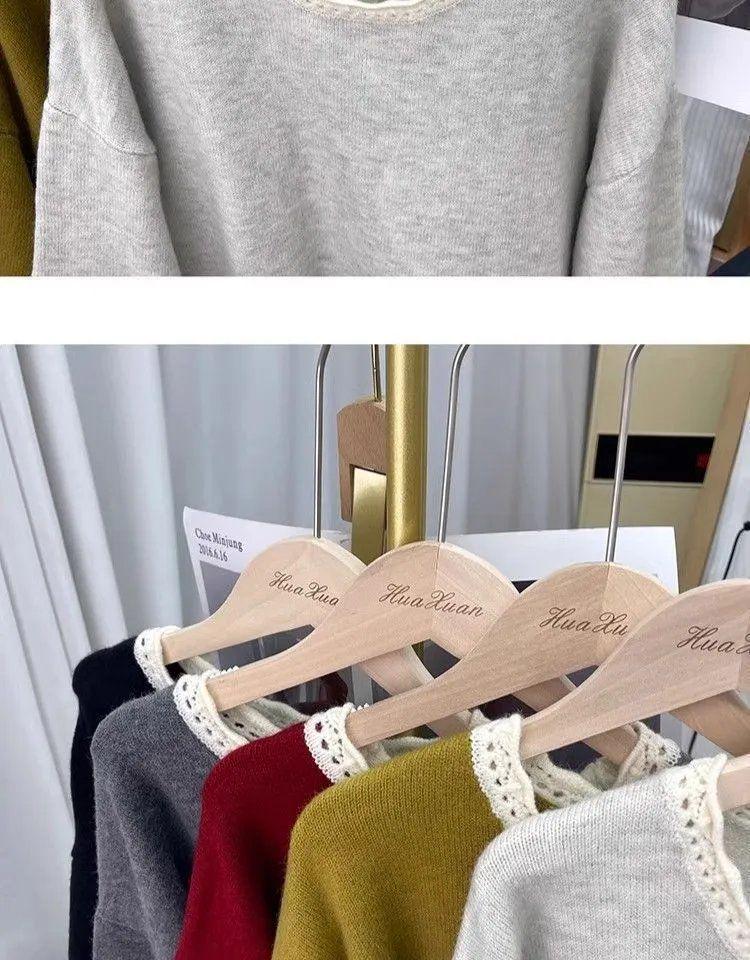 2025 Nový dámský pletený svetr s krajkovým límcem a barevným blokováním - Omlazující volný top s dlouhým rukávem