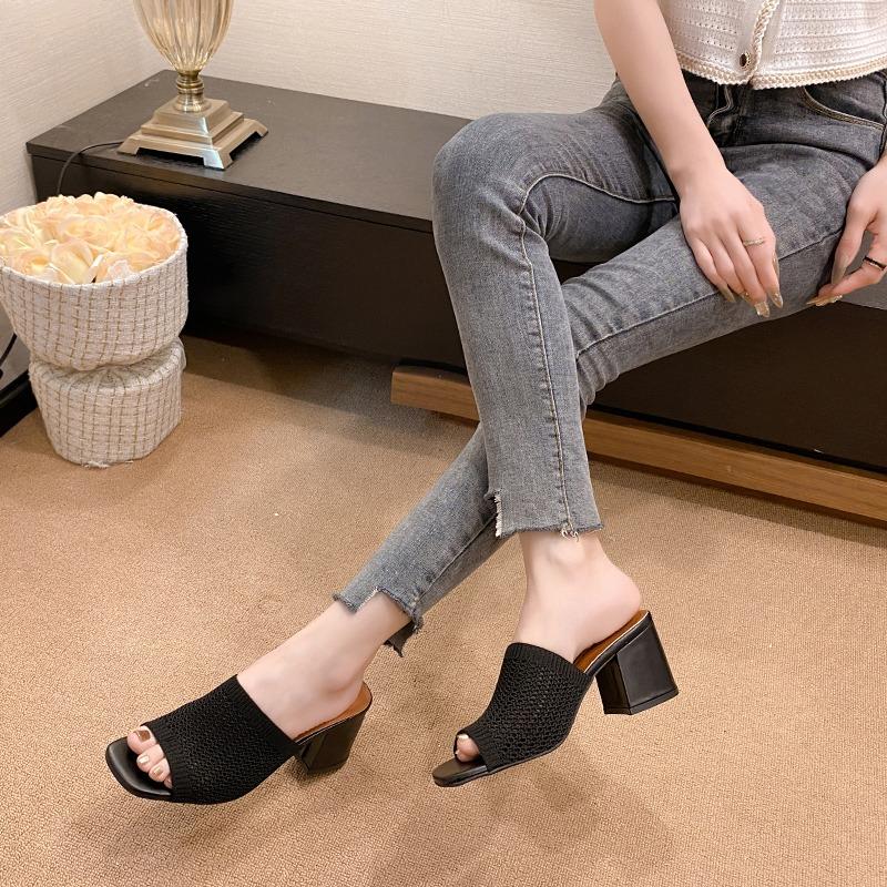 Fashion Knitting High Heels Women Slippers Chunky Sandals Shoes Summer Trend Flip Flops Fashion Woman Shoes Brand Pumps Mujer Slides
