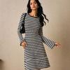 Round-neck Dress with Knitted Flared Sleeves and Fitted Design for Ladies