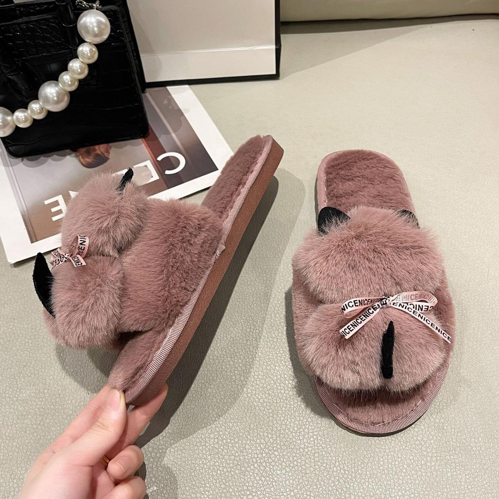 Amazon große Größe flauschige Hausschuhe Zuhause Indoor flache Sohle warm Ein-Wort-Hausschuhe Baumwollhausschuhe Schuhe