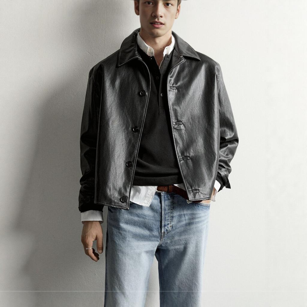Original European and American fashion men's PU leather jacket/lapel short jacket black imitation leather loose coat