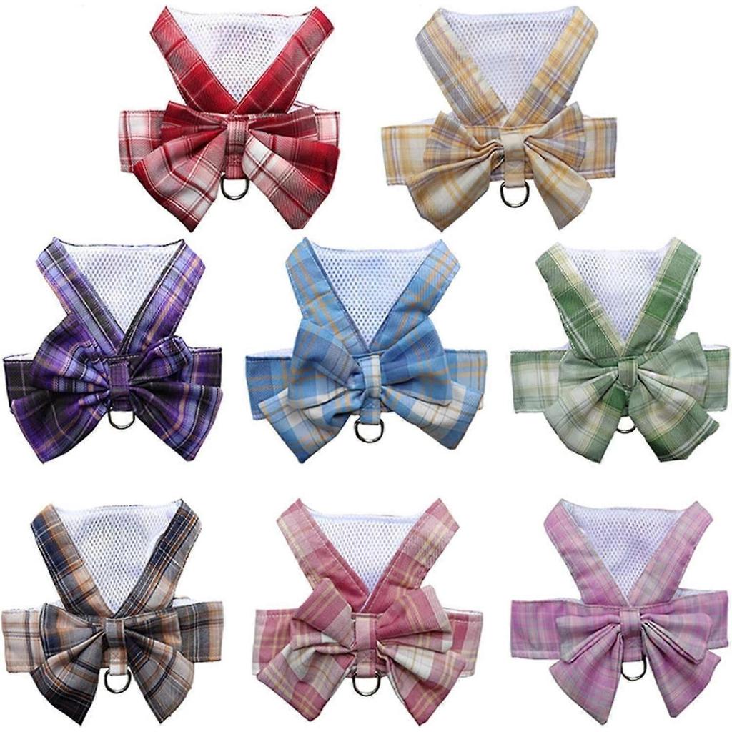 Hundegeschirr & Leinen Set, kariert mit Fliege, verstellbare atmungsaktive Weste für kleine Hunde/Katzen (Hellrosa, XS, 0,5–1,5 kg)