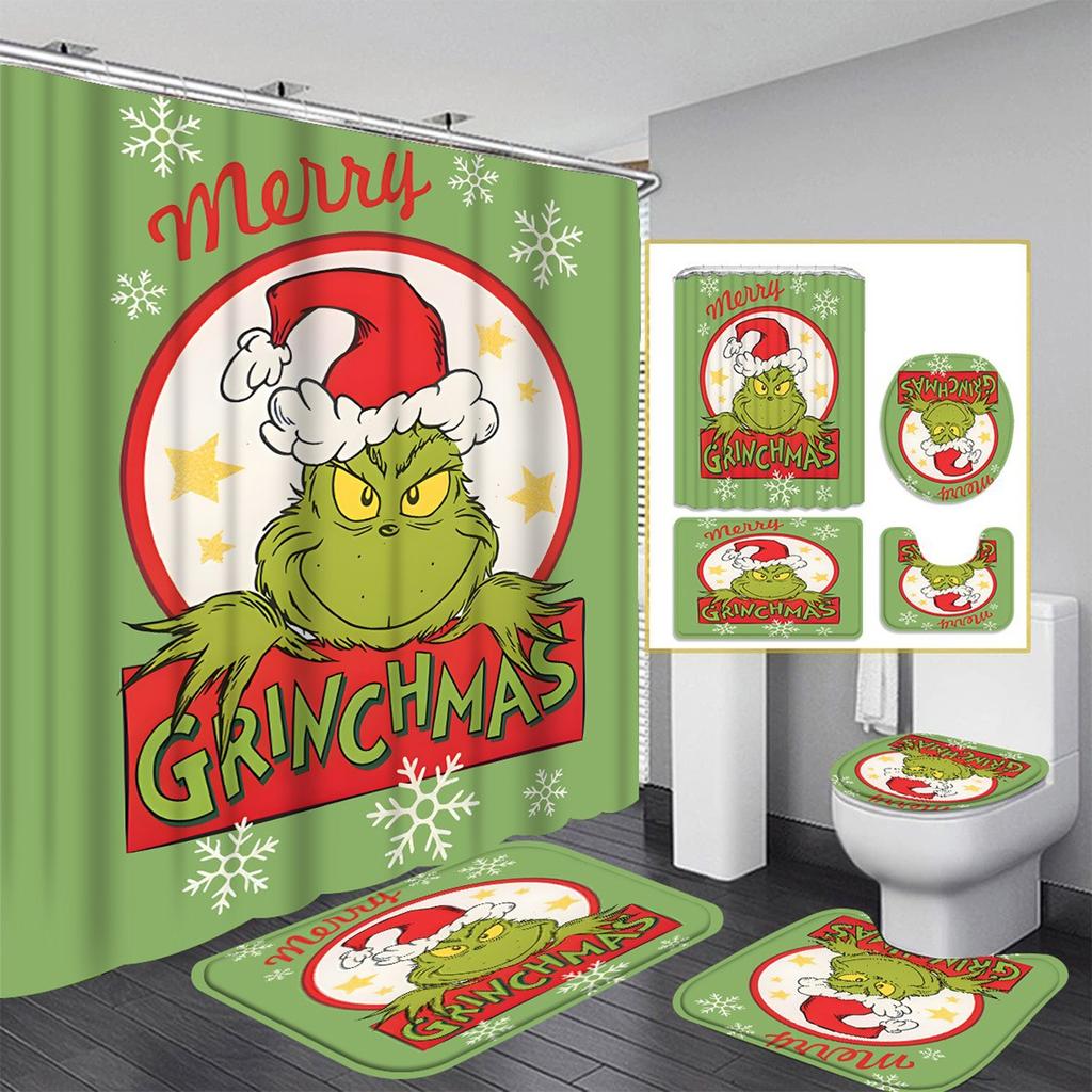 Christmas Green-Haired Pattern Shower Curtain Four-piece Set With 12 Hooks Polyester Waterproof Shower Curtain.