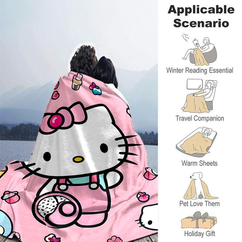 1pc Sweet Adventure Hello Kitty's Themed Cartoon Blanket, Seasonal Home Decor Gift for Family and Friend, Soft Throw Blanket Perfect for Couch or Bed,
